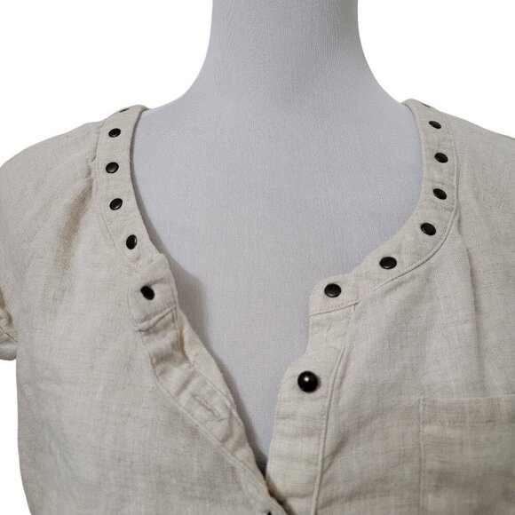 Style & Co Size 10 Oatmeal Colored 100% Linen Studded Neckline Short Sleeve Top - Picture 2 of 12